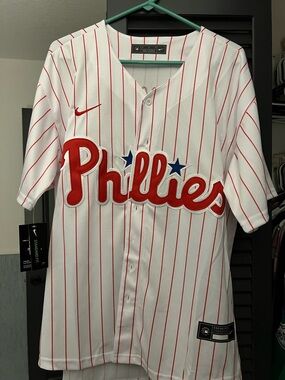 Nike Phillies White Baseball Jersey with Red Pinstripes and Blue Accents